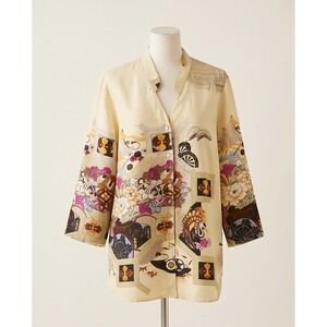 Citron Santa‎ Monica L Silk Embossed Stamped Vintage Asian Print Shirt Yellow
